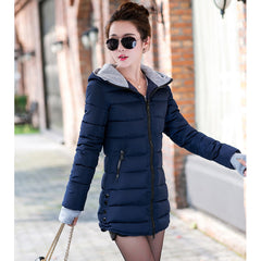 Women's Mid-Length Down Jacket with Hood and Fur Collar