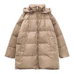 Women's Solid Color Down Jacket with Hood and Zipper