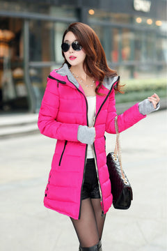 Women's Mid-Length Down Jacket with Hood and Fur Collar