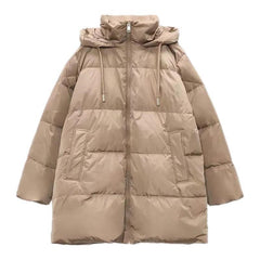 Women's Solid Color Down Jacket with Hood and Zipper