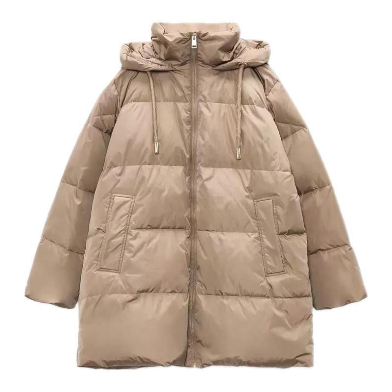 Women's Solid Color Down Jacket with Hood and Zipper
