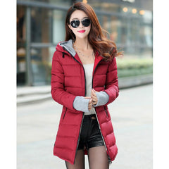 Women's Mid-Length Down Jacket with Hood and Fur Collar
